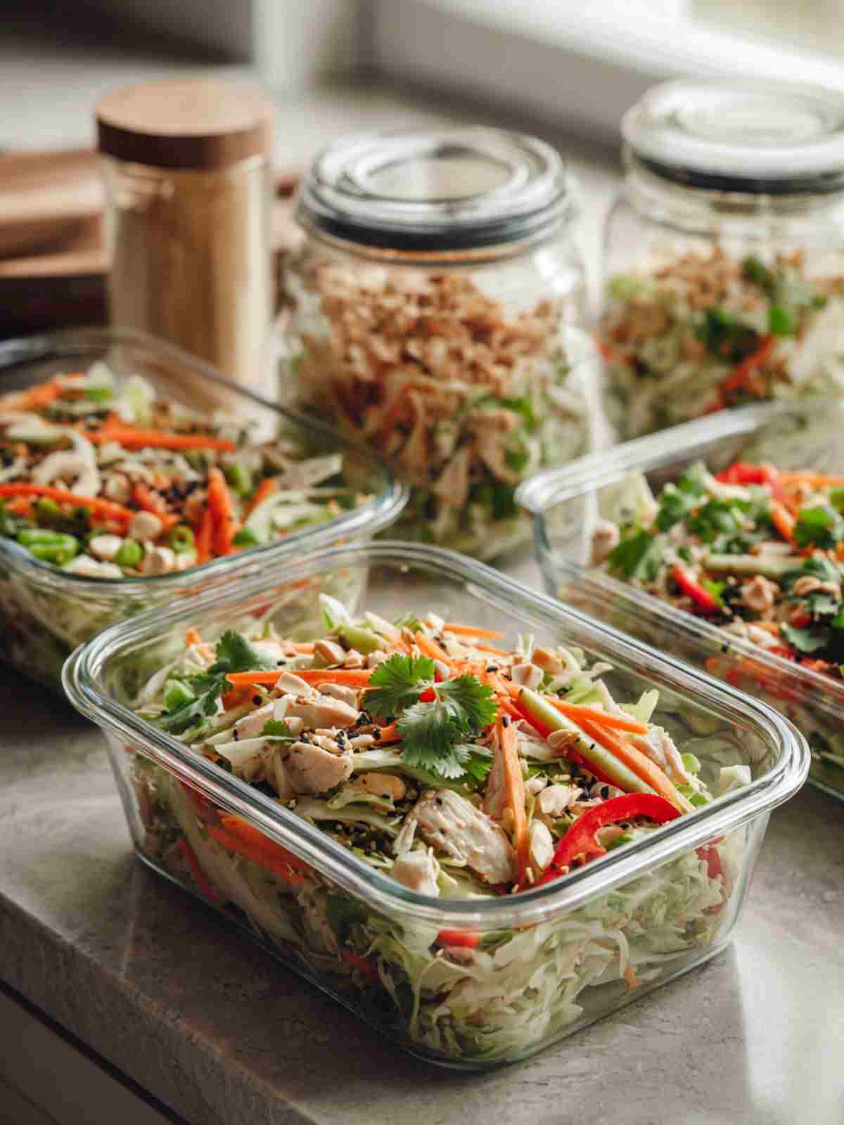 Asian chicken crunch salad meal prep with dressing and crunchy toppings kept separate