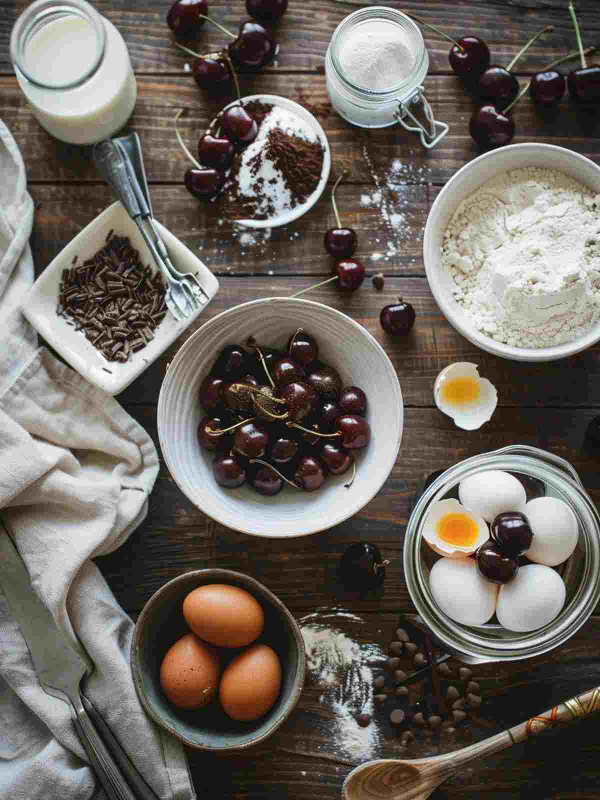 Black Forest with Cherry and Chocolate Layers 1 Ingredients for black forest cake including cocoa powder, cherries, cream, eggs, and chocolate
