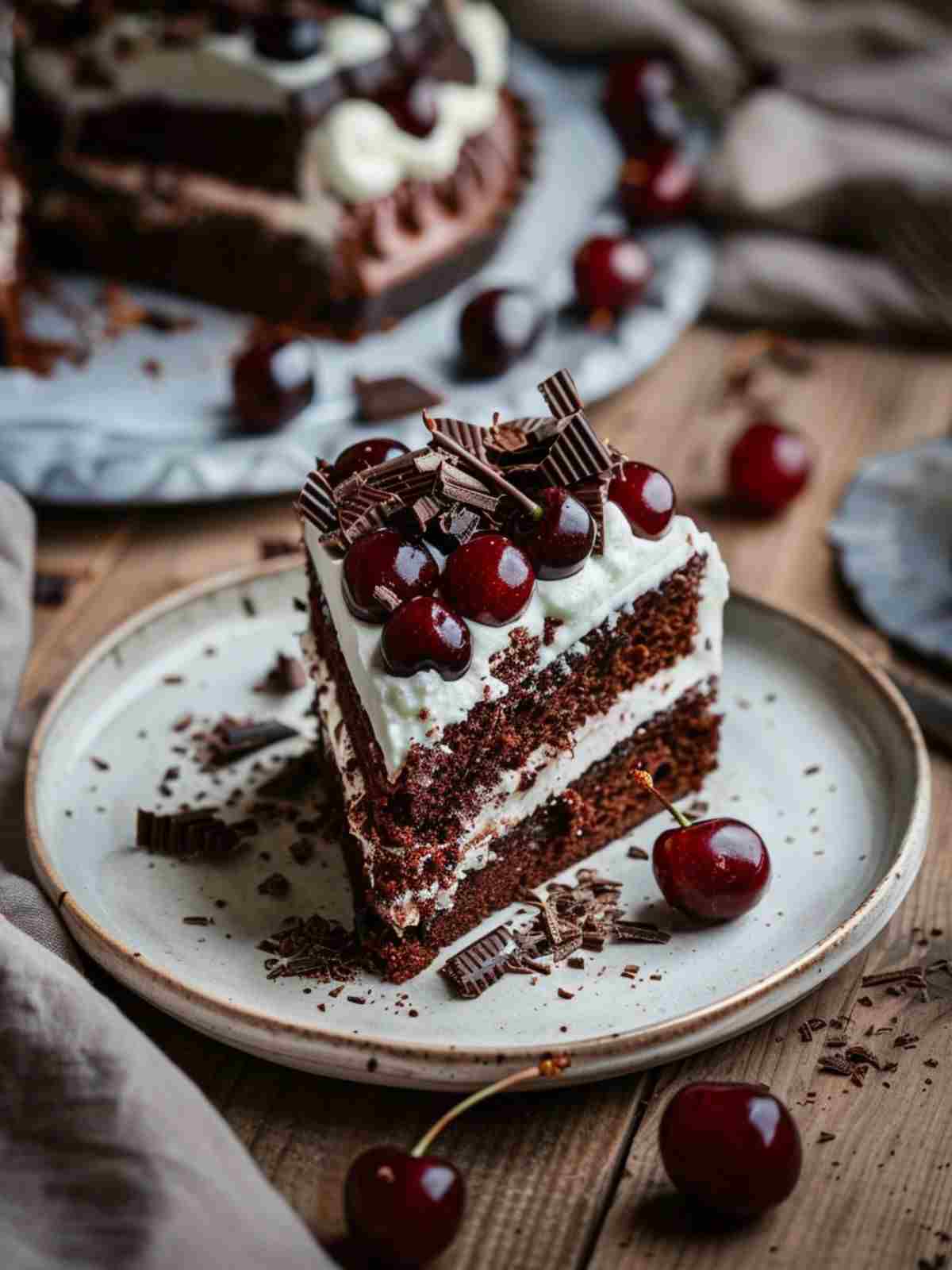 Black Forest with Cherry and Chocolate Layers 3 Plated black forest cake slices with whipped cream, cherries, and chocolate shavings