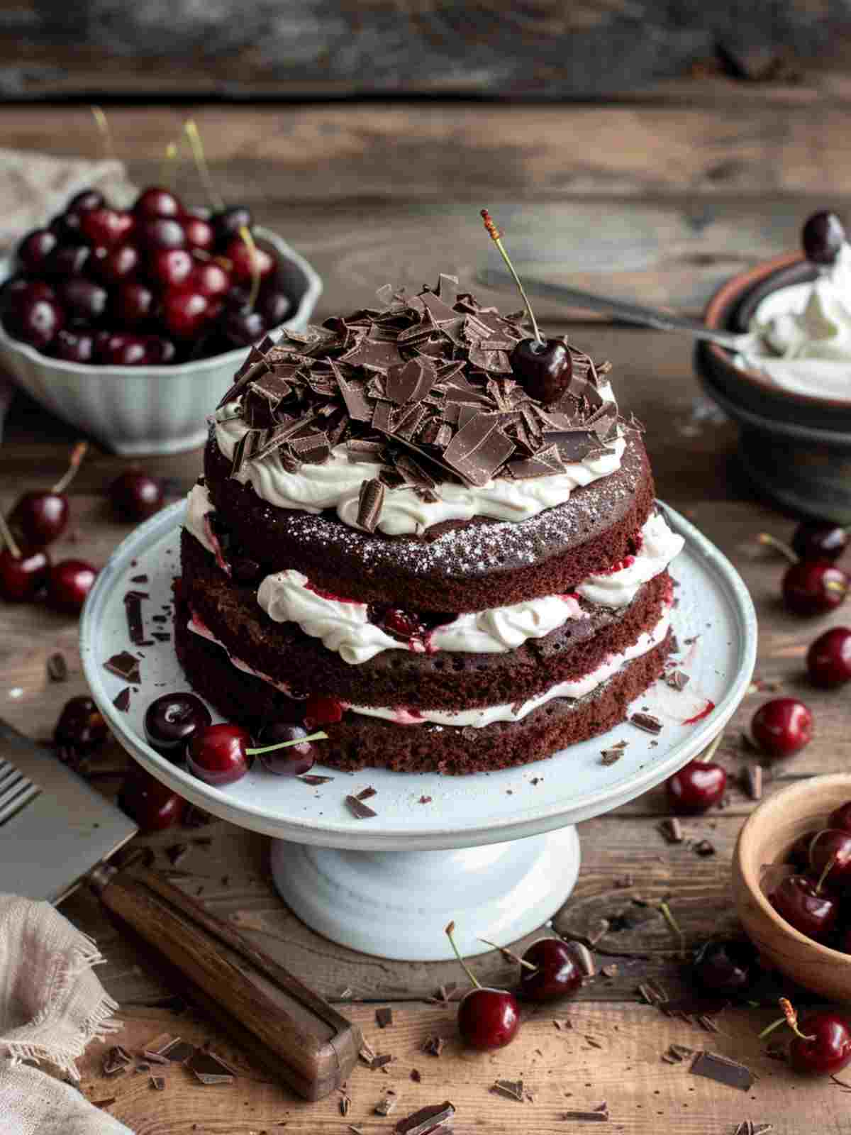 Black Forest with Cherry and Chocolate Layers 2 Black forest cake assembly with chocolate layers, whipped cream, and cherry filling