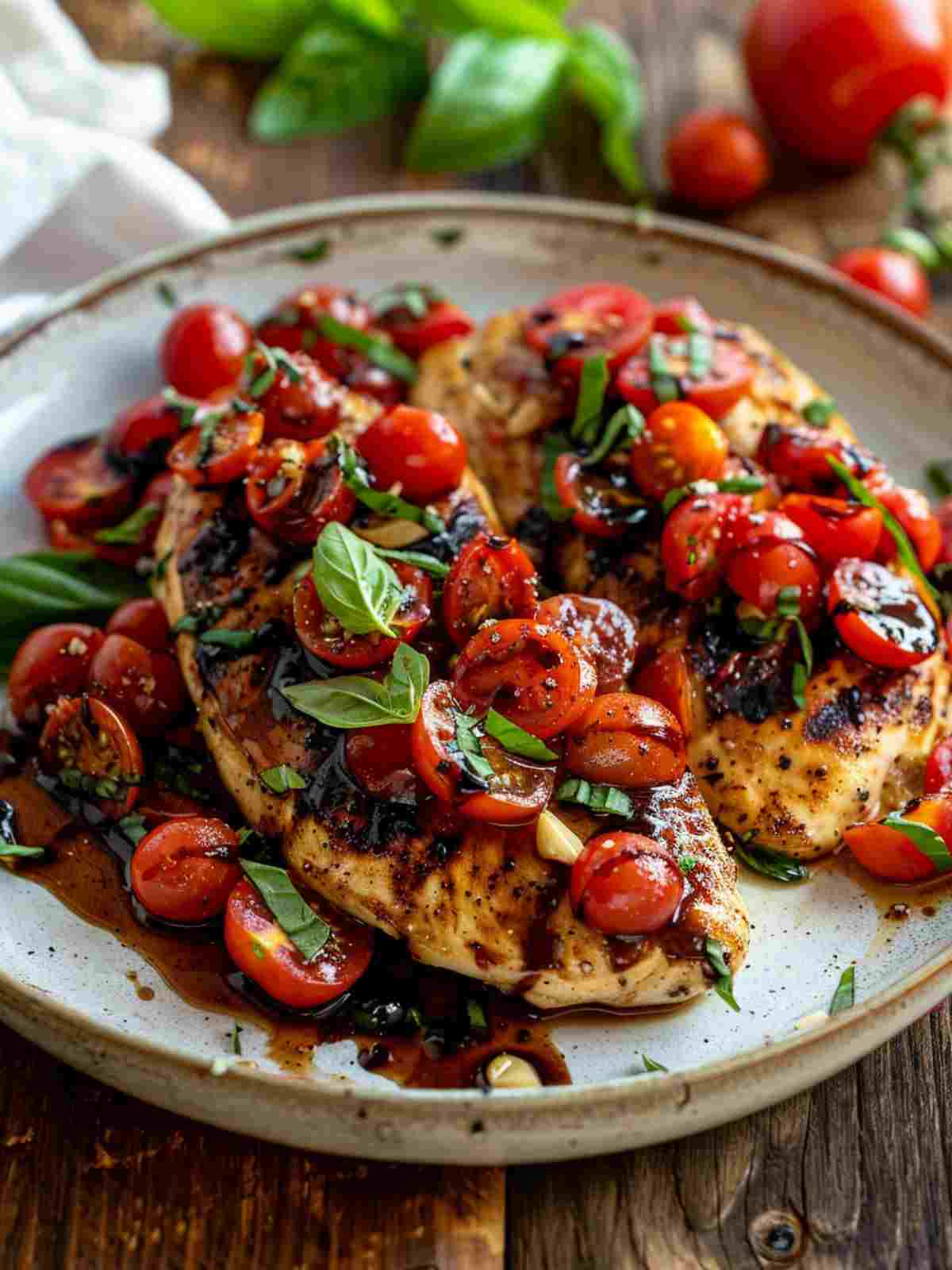 Balsamic Bruschetta Chicken 3 Close-up of bruschetta chicken with fresh tomato basil topping and balsamic glaze