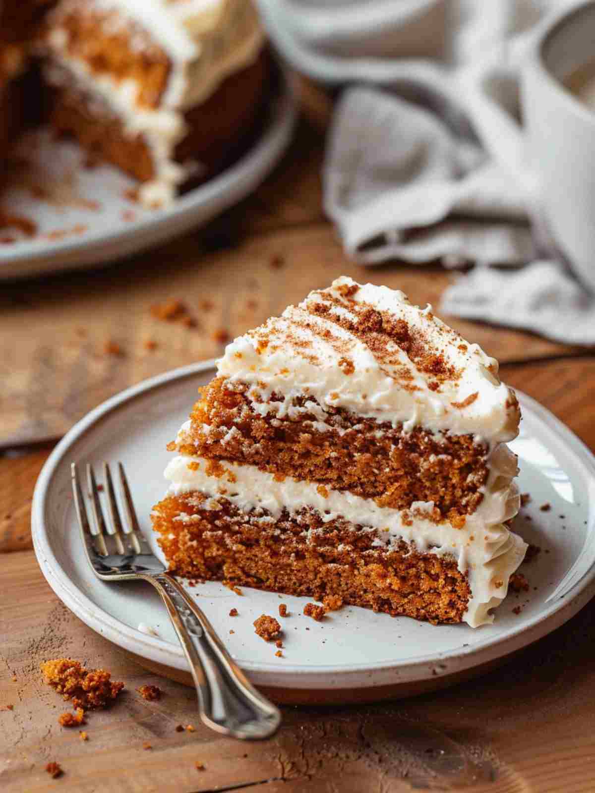 Slice of carrot cake with cream cheese frosting served on a plate with moist crumb visible