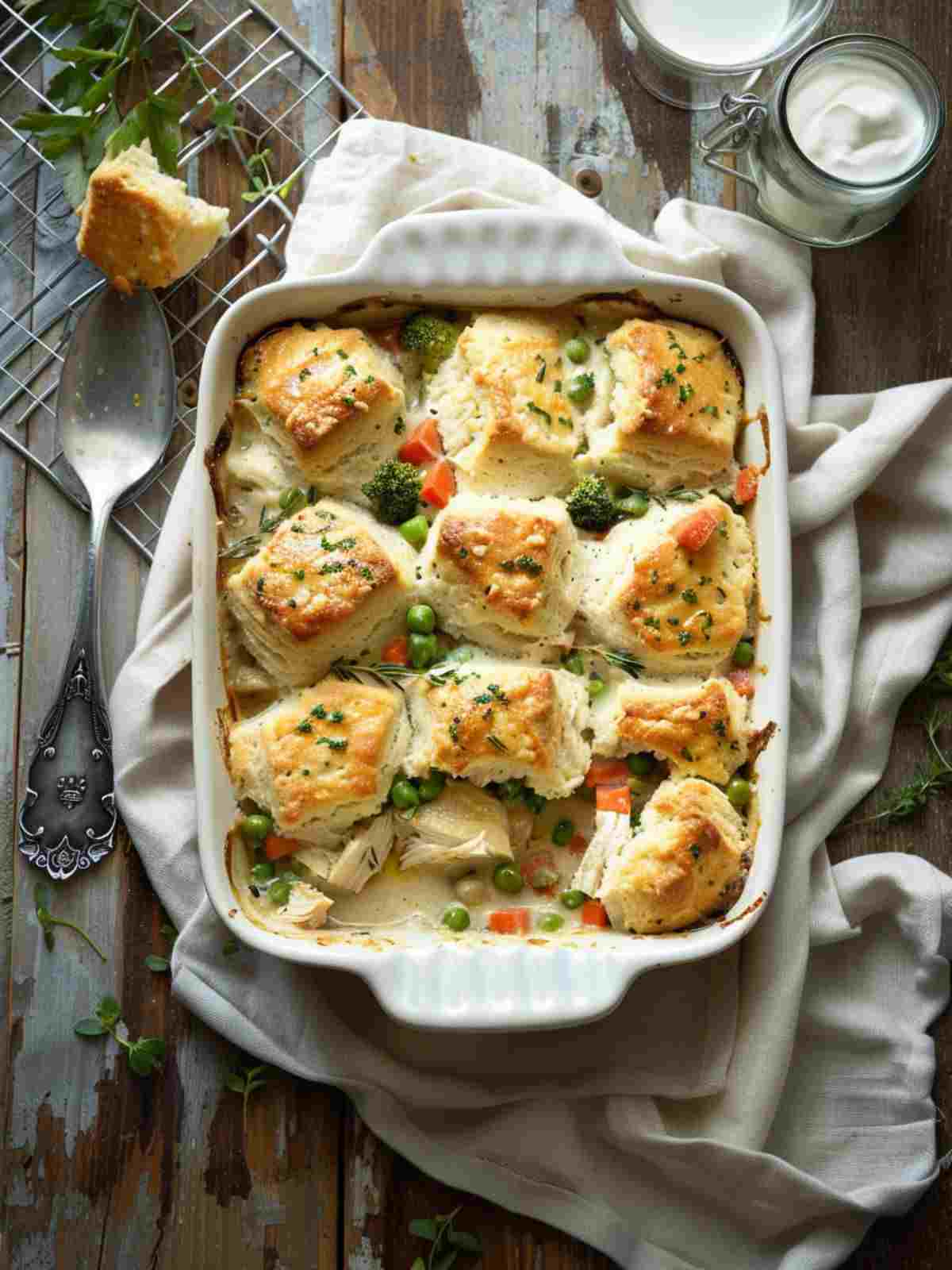 Chicken and biscuit casserole assembled in a baking dish with biscuit dough placed over creamy chicken filling