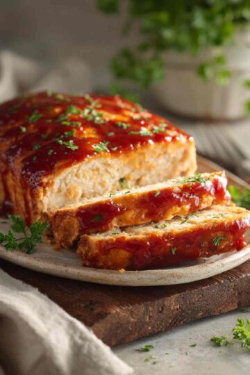 Chicken Meatloaf 7 Sliced chicken meatloaf with ketchup glaze on a rustic serving plate