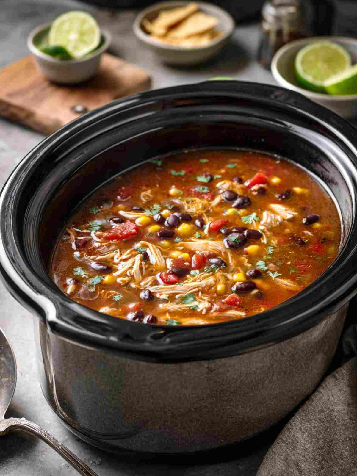 Chicken taco soup cooking in a slow cooker with shredded chicken, beans, corn, tomatoes, and warm broth.