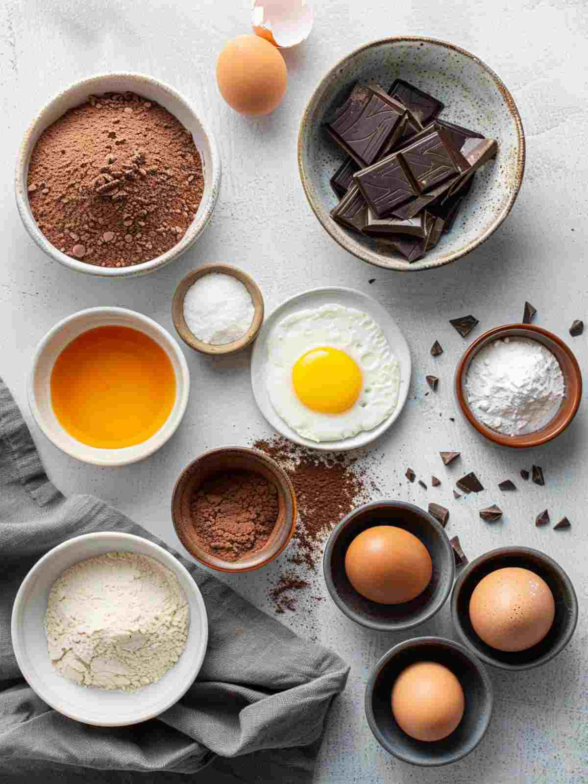 Ingredients for chocolate lava cake with baking chocolate butter eggs and ramekins