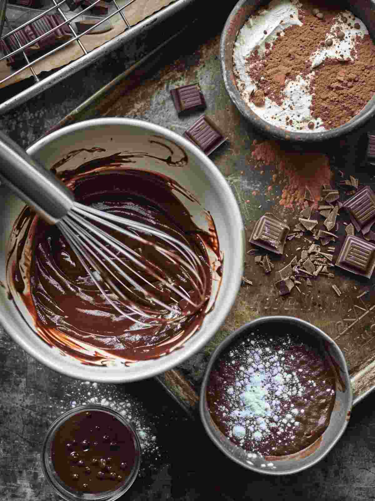 Chocolate lava cake batter in bowls and ramekins during the baking process