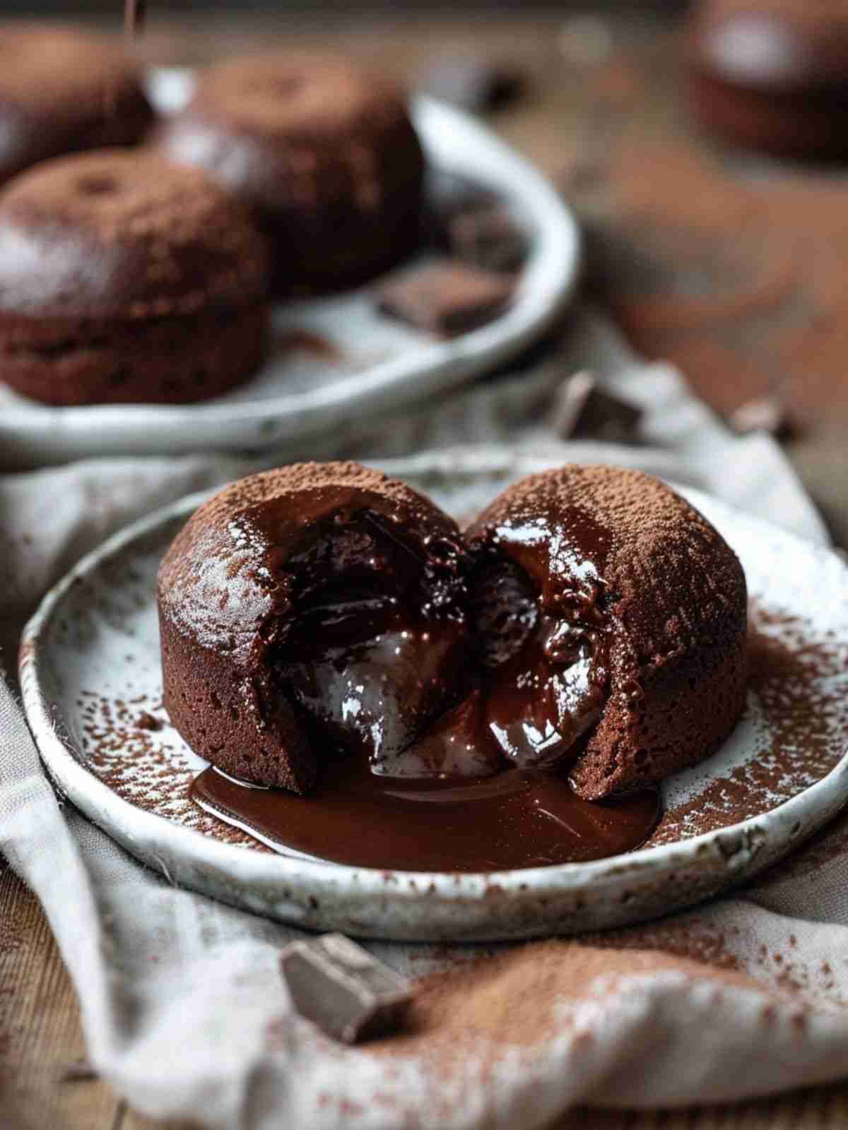 Served chocolate lava cake with molten center on dessert plates