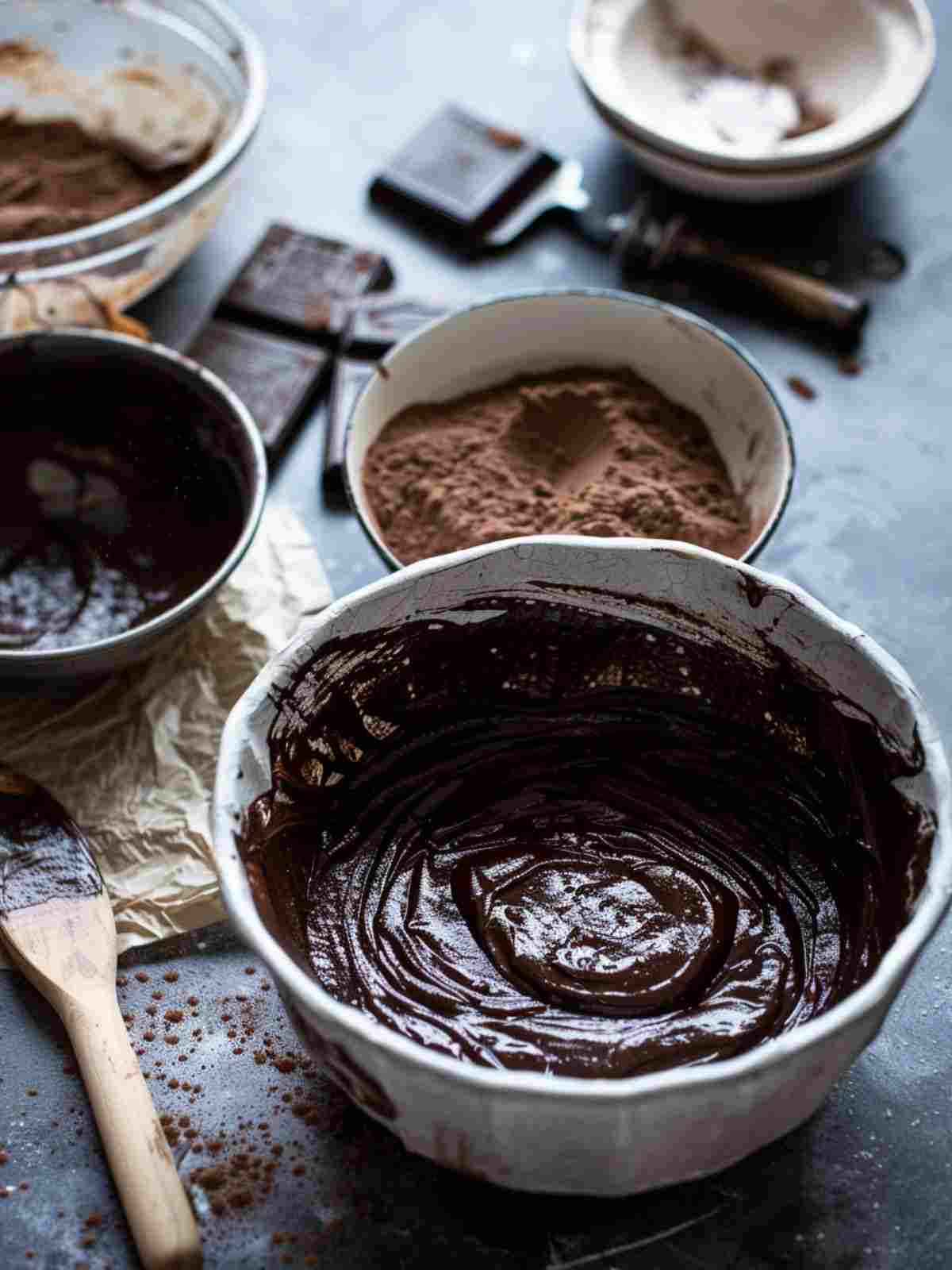 Flourless chocolate cake batter being prepared in a bowl and poured into a lined cake pan