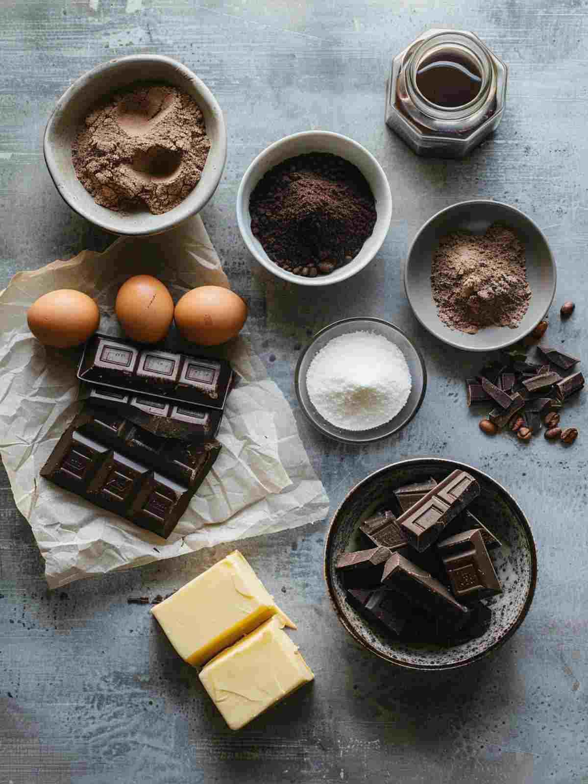 Ingredients for flourless chocolate cake including dark chocolate eggs butter and cocoa powder