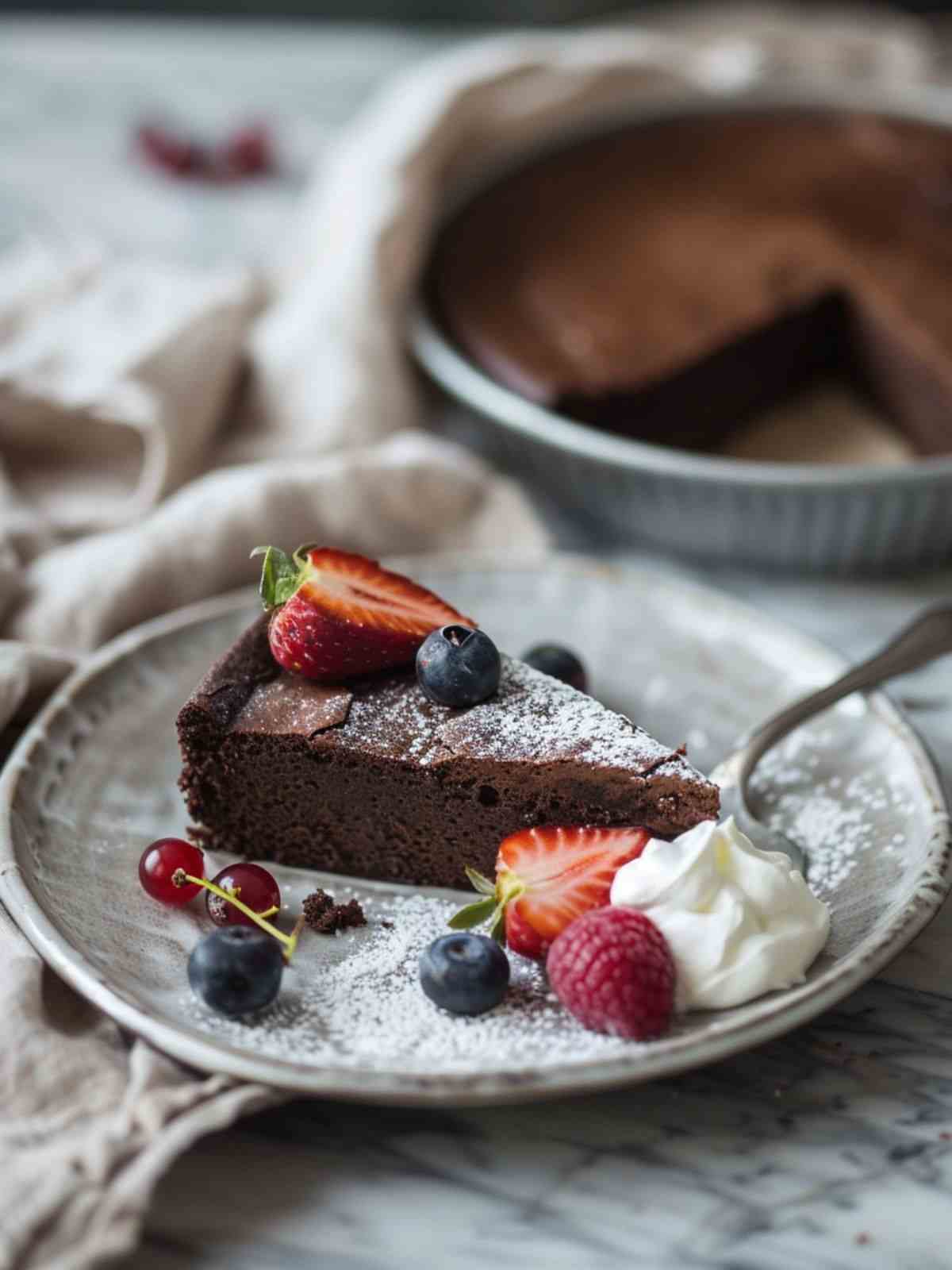 Plated slice of flourless chocolate cake served with berries and whipped cream