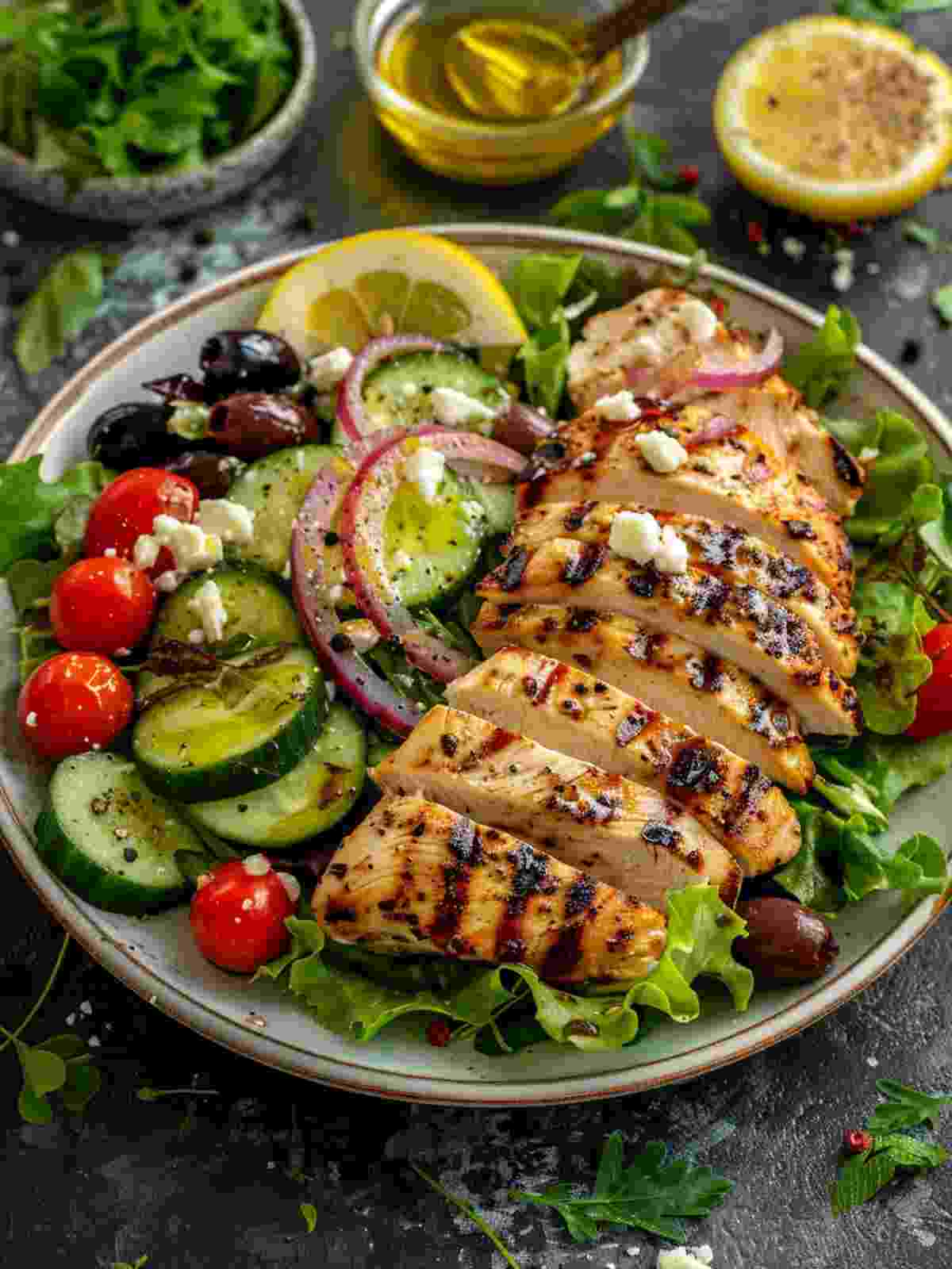 Served portion of Greek chicken salad with grilled chicken, romaine, cucumber, tomatoes, olives, and feta on a ceramic plate