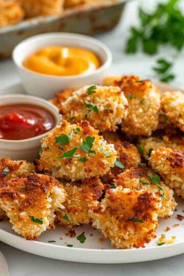 Healthy Baked Chicken Nuggets 6 Healthy baked chicken nuggets served on a plate with dipping sauce