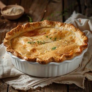 Homemade chicken pot pie with a golden flaky crust in a white ceramic pie dish