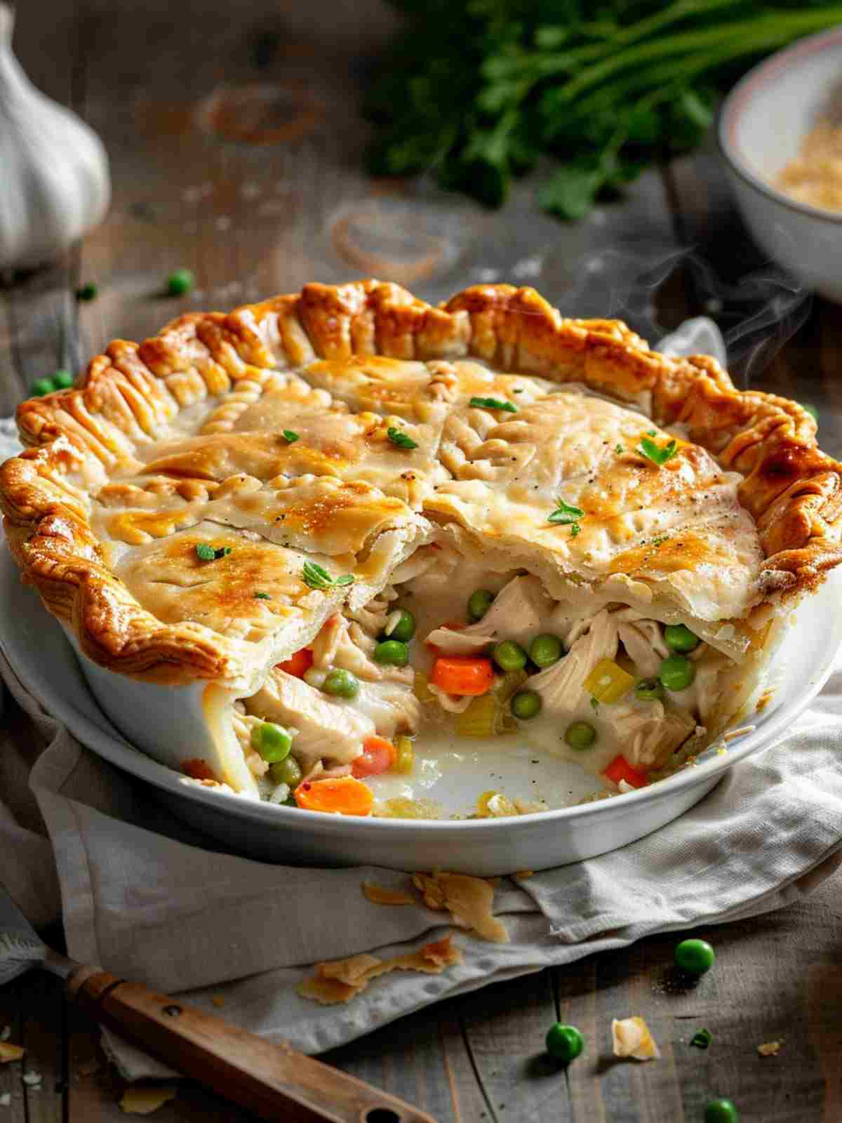 Sliced homemade chicken pot pie showing creamy chicken and vegetable filling