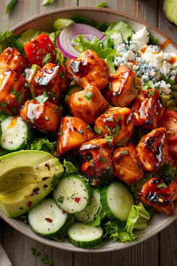 Chopped honey buffalo chicken skewer salad with romaine, avocado, tomatoes, cucumber, red onion, cheese, and creamy dressing