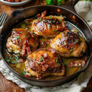 Honey mustard chicken with bacon in a skillet, topped with parsley and coated in a glossy baked sauce