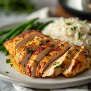 Juicy Instant Pot chicken breast sliced on a plate with simple sides for an easy dinner