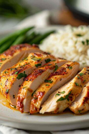 Instant Pot Chicken Breast 8 Juicy Instant Pot chicken breast sliced on a plate with simple sides for an easy dinner