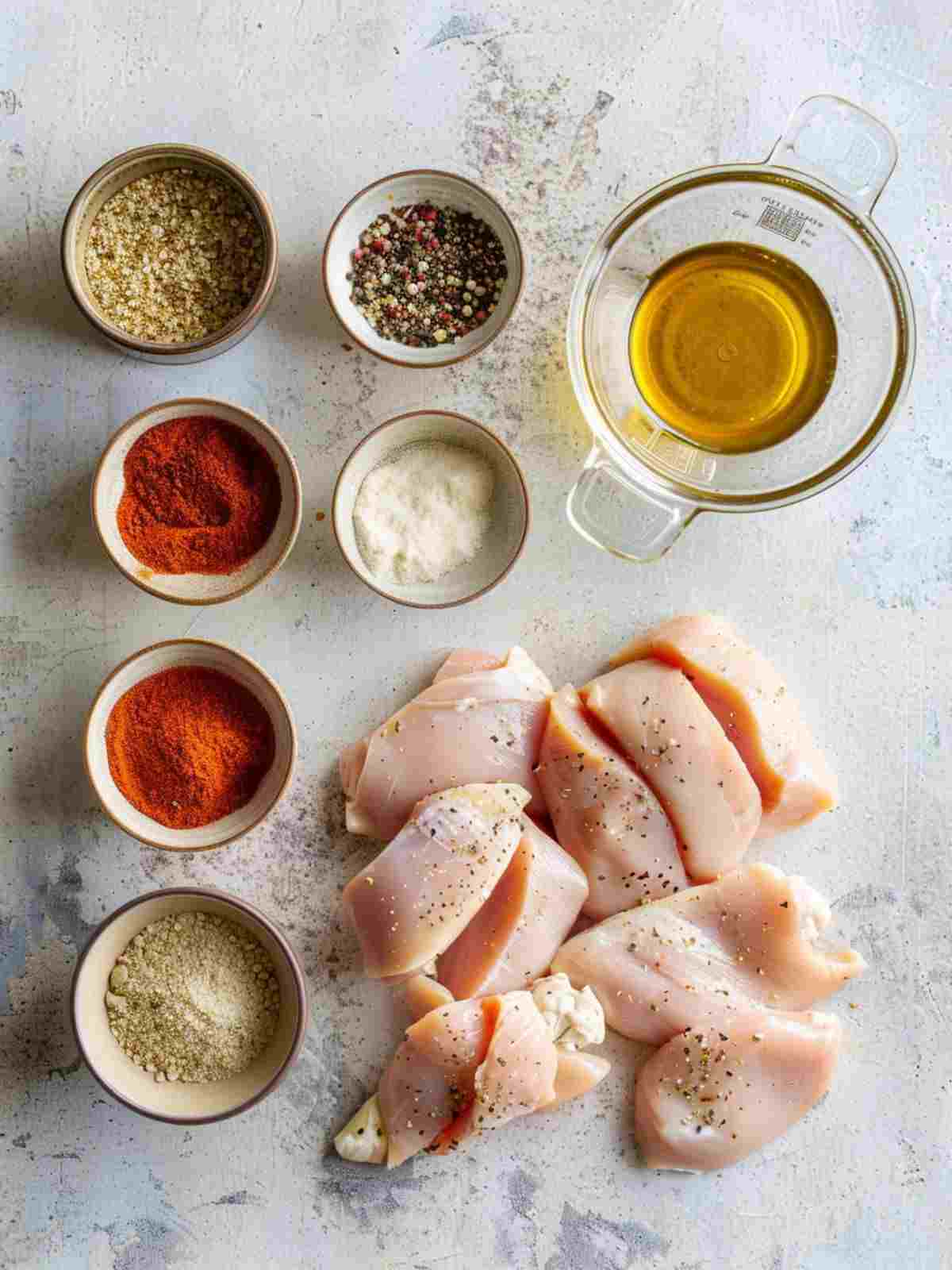 Ingredients for Instant Pot chicken breast including chicken breasts, broth, olive oil, and seasonings