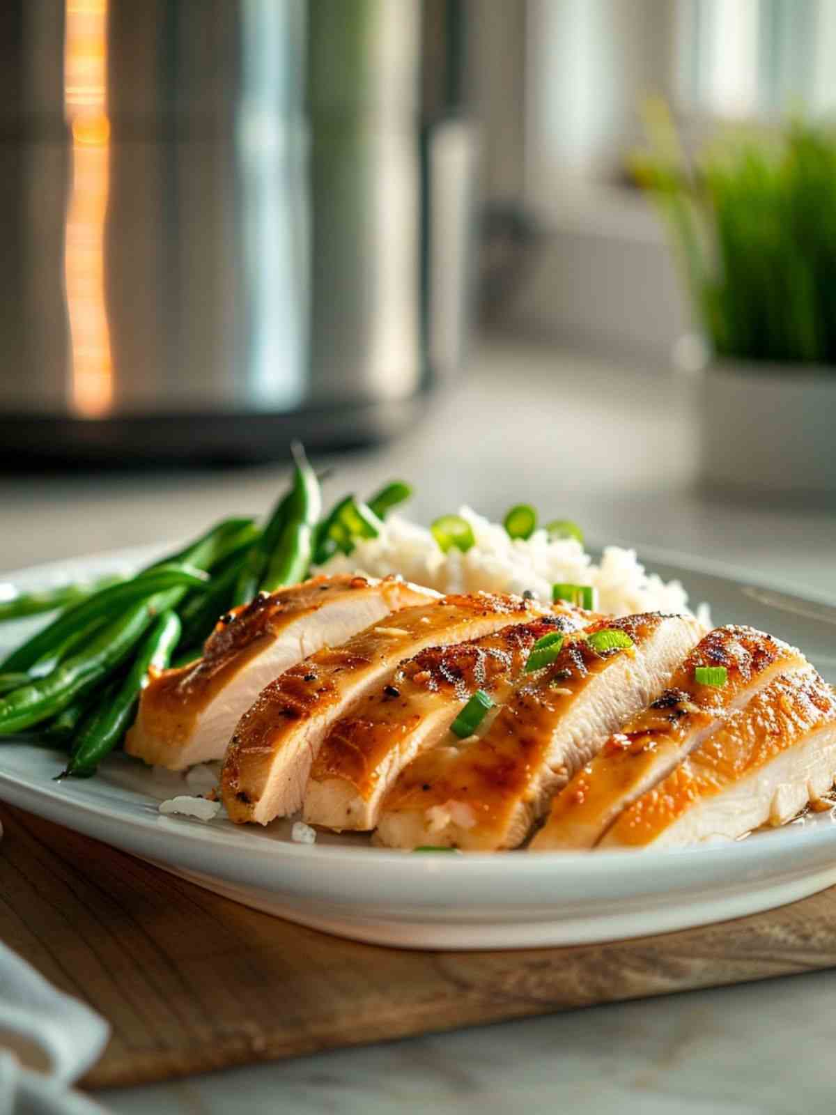 Served Instant Pot chicken breast sliced on a plate with simple side dishes