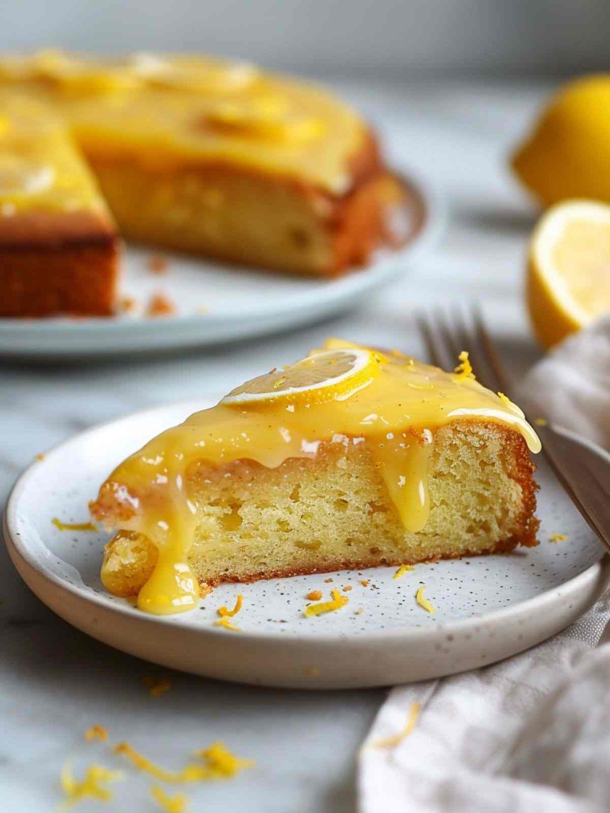 Zesty Lemon Drizzle with Citrus Icing 3 Lemon loaf cake with citrus glaze on a cooling rack and lemon slices