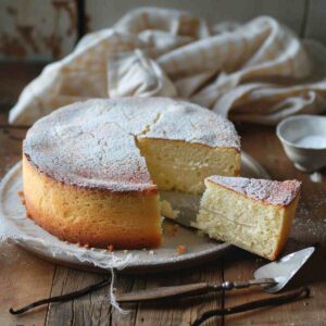 Light vanilla sponge cake with soft airy crumb on a simple plate