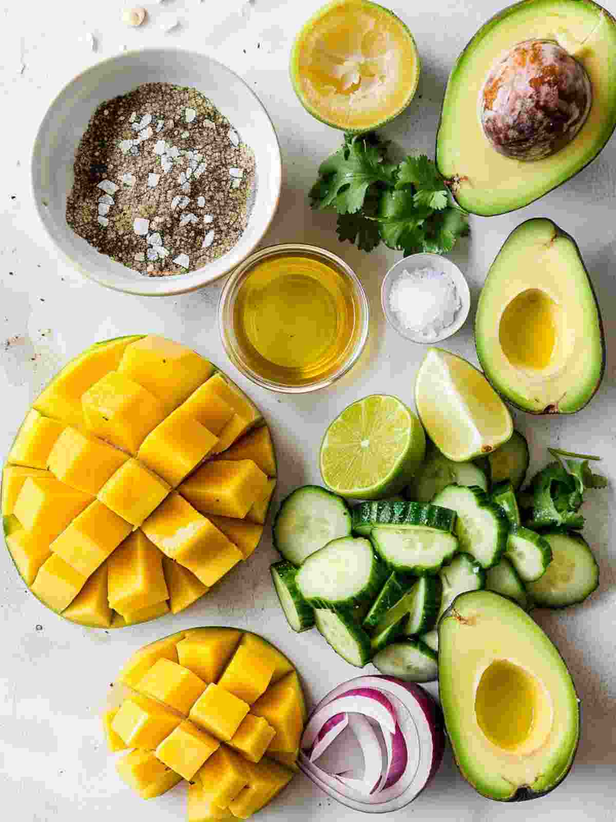 mango avocado salad ingredients with mango, avocado, cucumber, lime, and cilantro