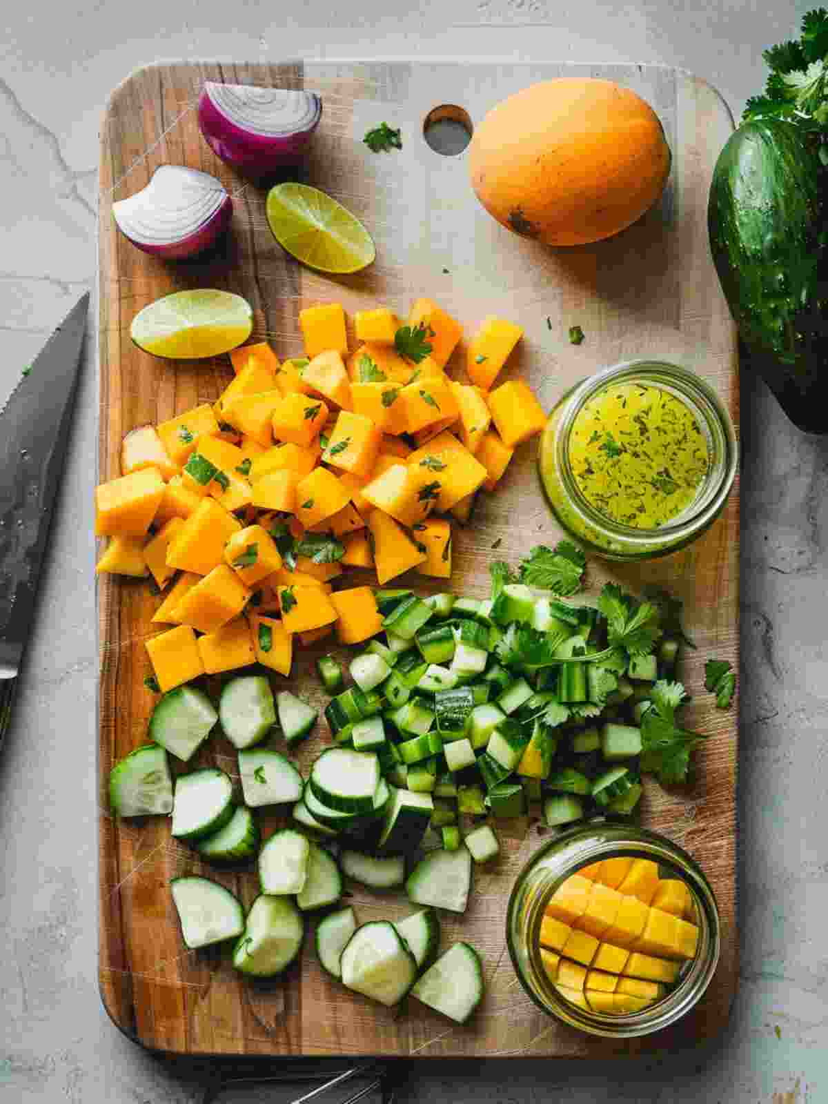 mango avocado salad ingredients being prepped with lime dressing on a cutting board