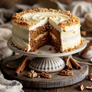 Moist carrot cake with cream cheese frosting on a cake stand with the soft crumb visible