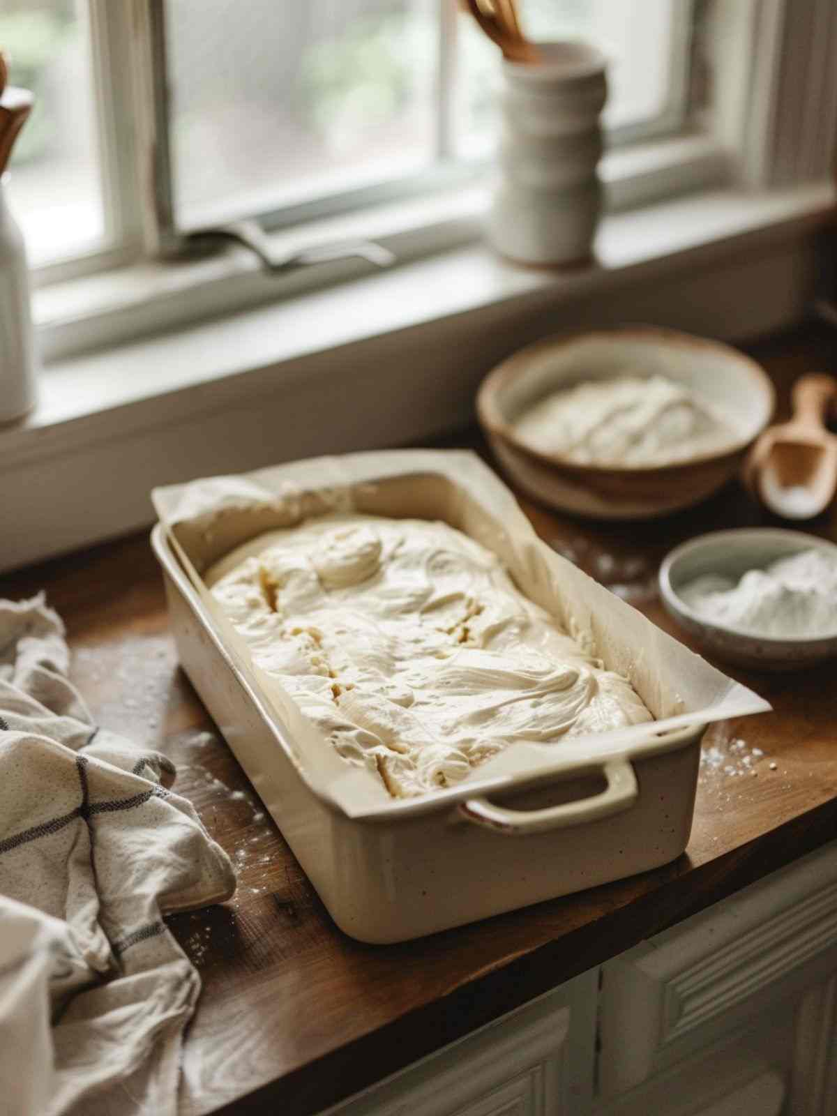 Pound cake batter in a parchment-lined loaf pan on a kitchen counter before baking