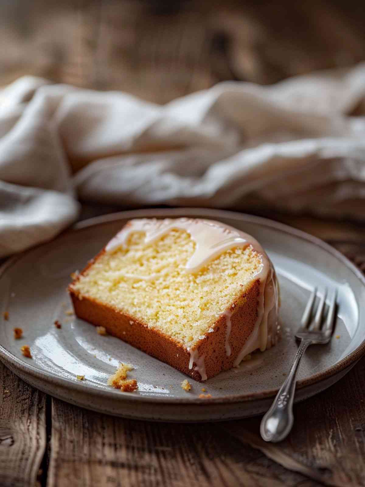 Slice of pound cake served on a plate with fine buttery crumb and light vanilla glaze