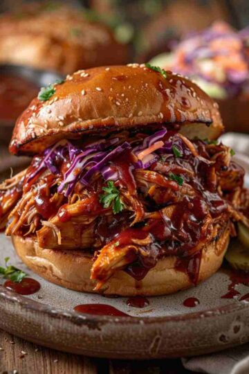 Pulled BBQ Chicken Slow Cooker Recipe 5 Slow cooker pulled BBQ chicken served on a toasted bun with extra sauce and coleslaw on a rustic plate.