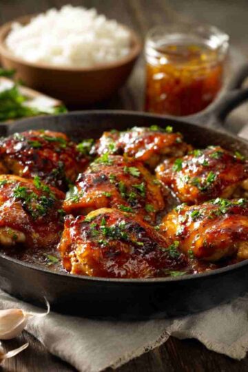 Quick Apricot Chicken 8 Apricot chicken in a skillet with glossy glaze, parsley, and a side of rice
