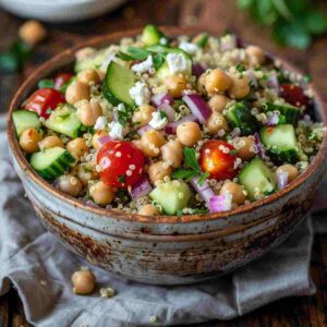 Fresh quinoa salad with chickpeas, vegetables, feta, and lemon dressing in a natural bowl
