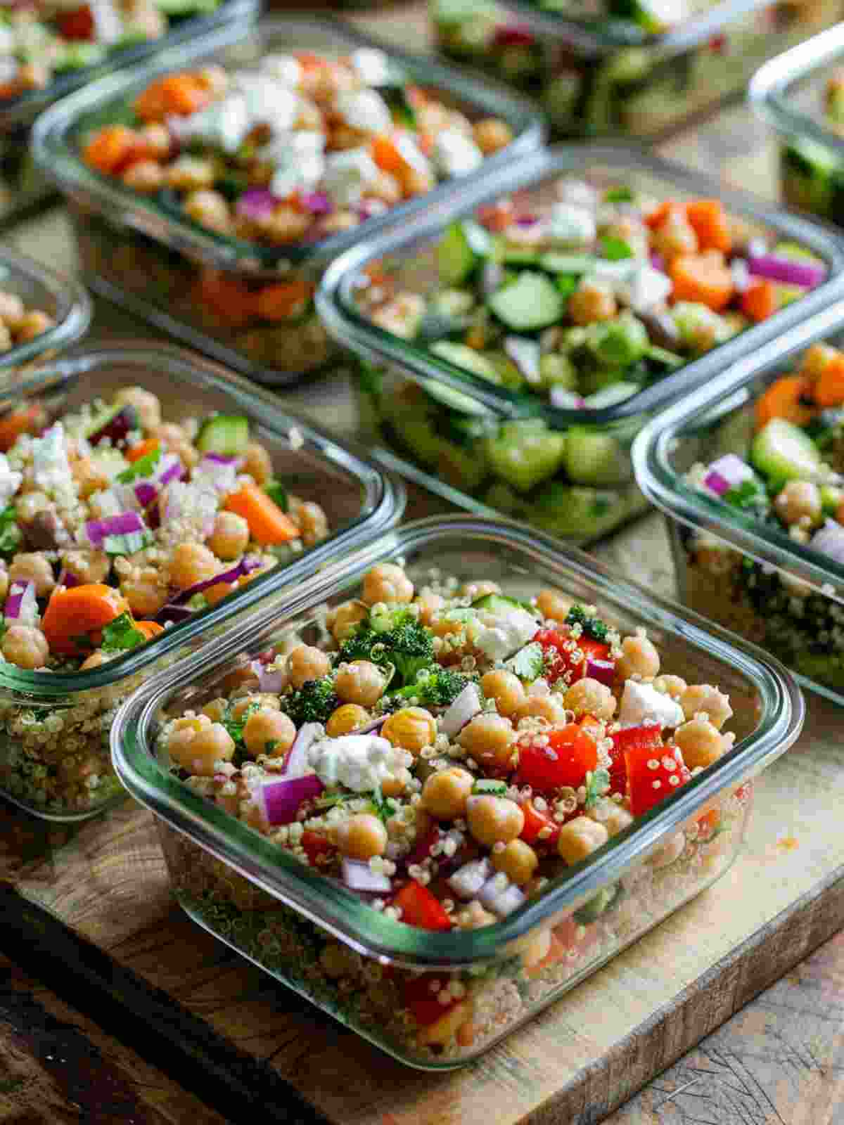 Quinoa salad stored in glass containers for healthy meal prep lunches