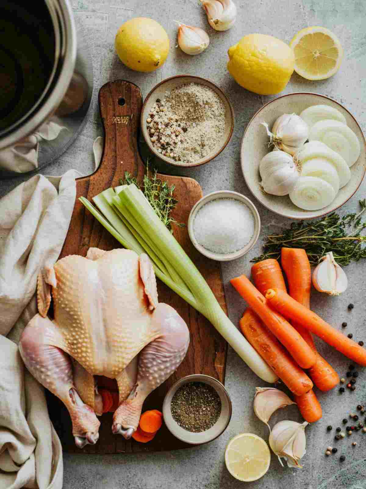 Ingredients for crockpot whole chicken arranged beside a slow cooker