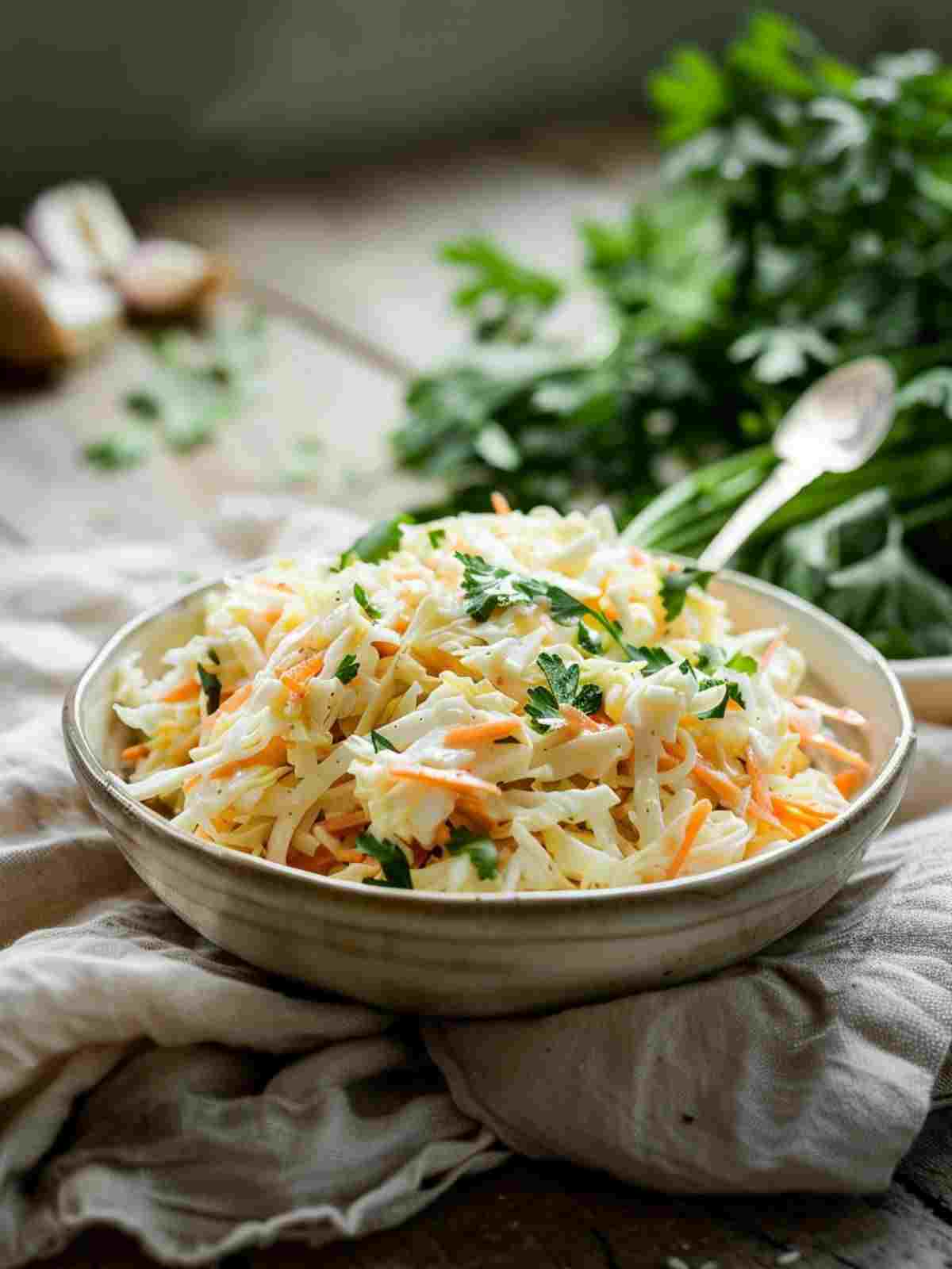 Freshly served creamy coleslaw in a bowl with shredded cabbage and carrots, natural texture and light dressing