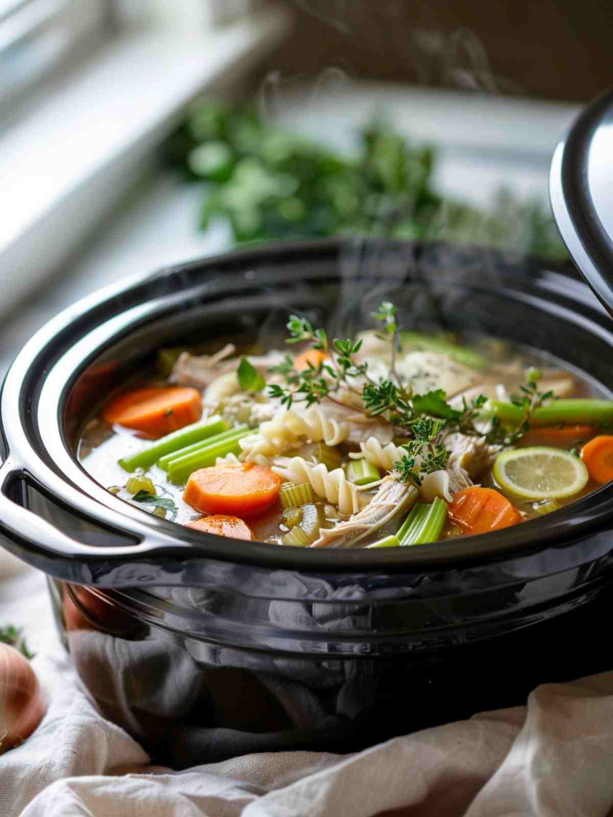 Chicken noodle soup cooking inside a slow cooker with vegetables and broth