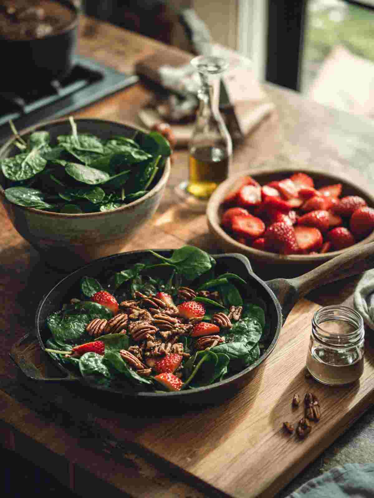 Toasting pecans for strawberry spinach salad beside fresh spinach, strawberries, and balsamic dressing ingredients