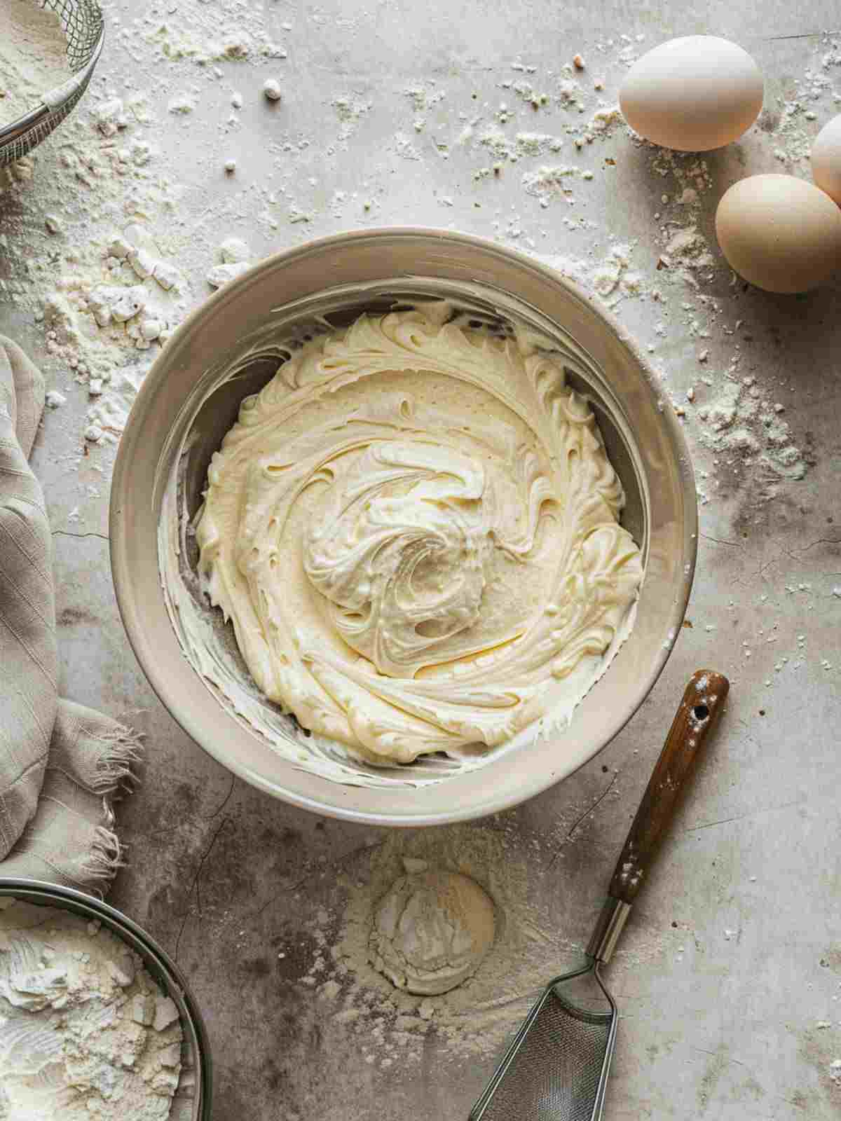 Vanilla sponge cake batter at ribbon stage beside a lined cake pan