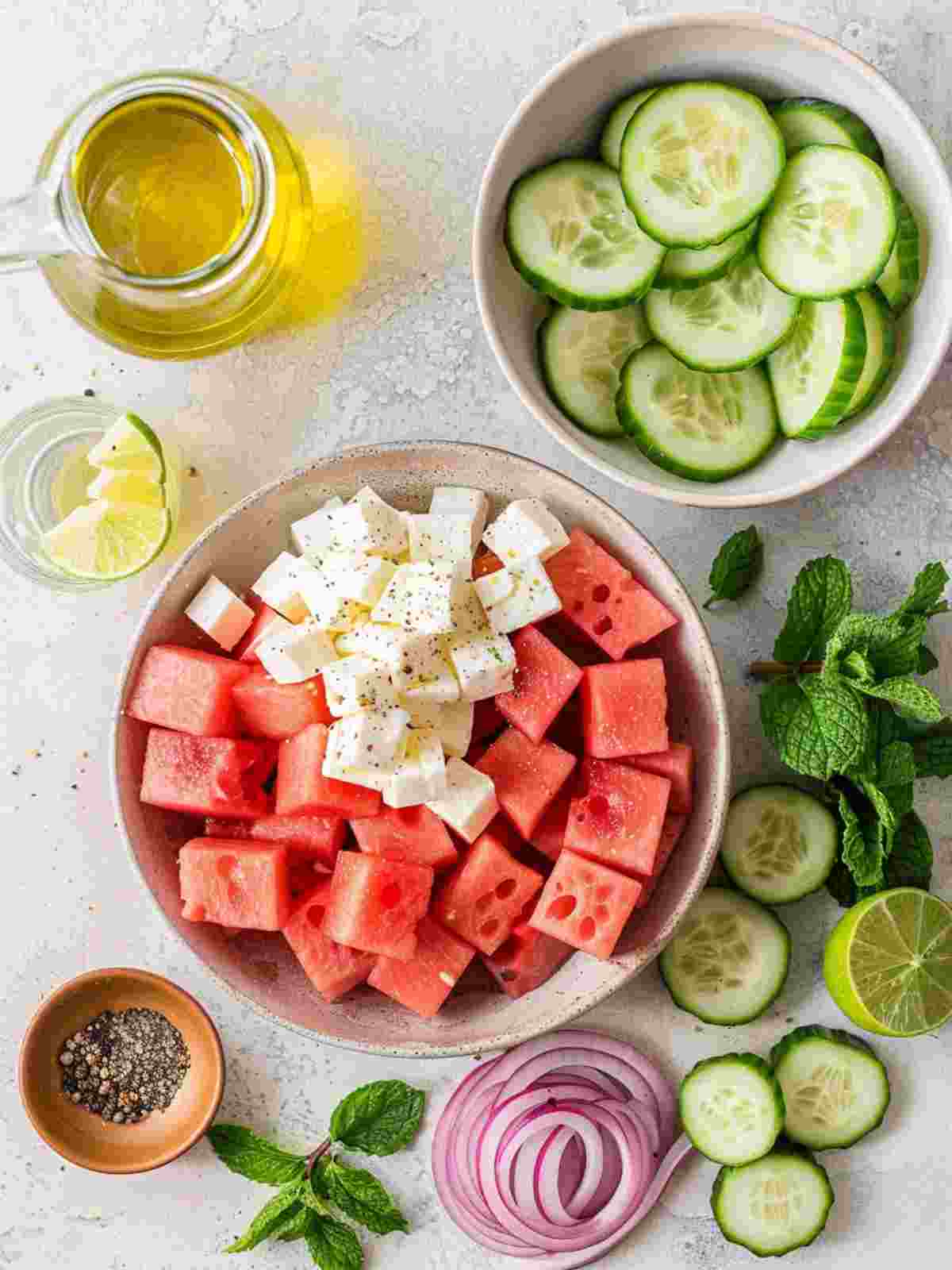 watermelon feta salad ingredients with watermelon feta cucumber mint lime and red onion